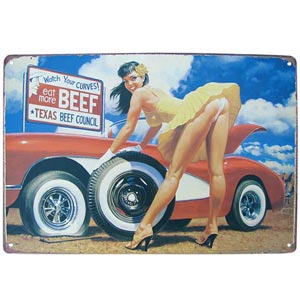Tablă RETRO Girl - Watch Your CURVES! eat more BEEF